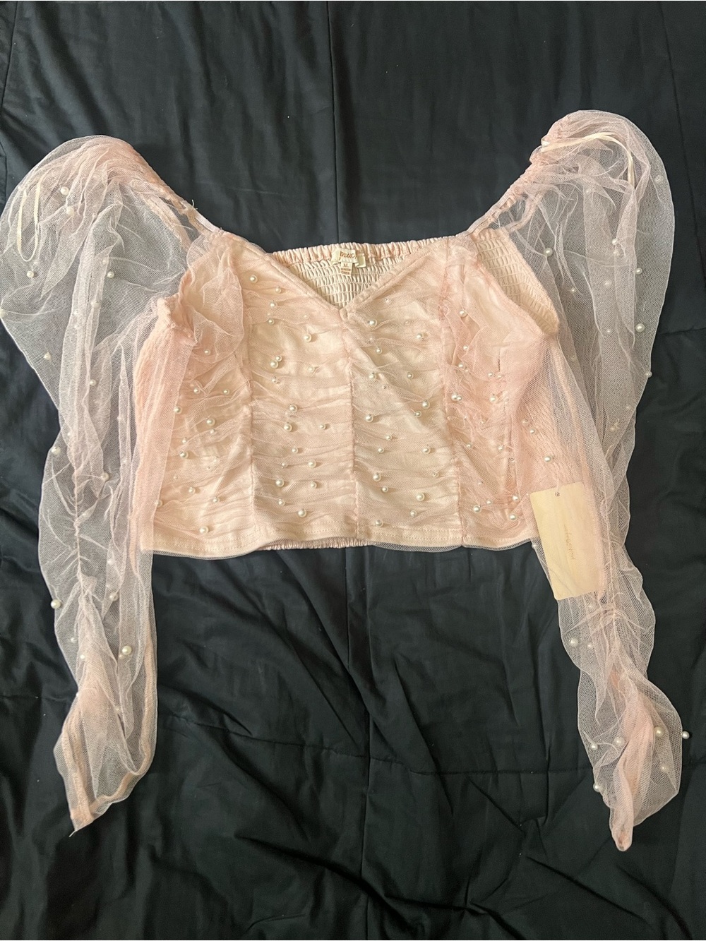 Sheer Pearl-Embellished Pink Puff Sleeve Crop Top